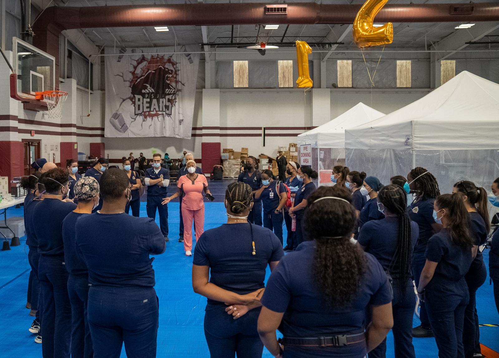 dental students gather before free clinic