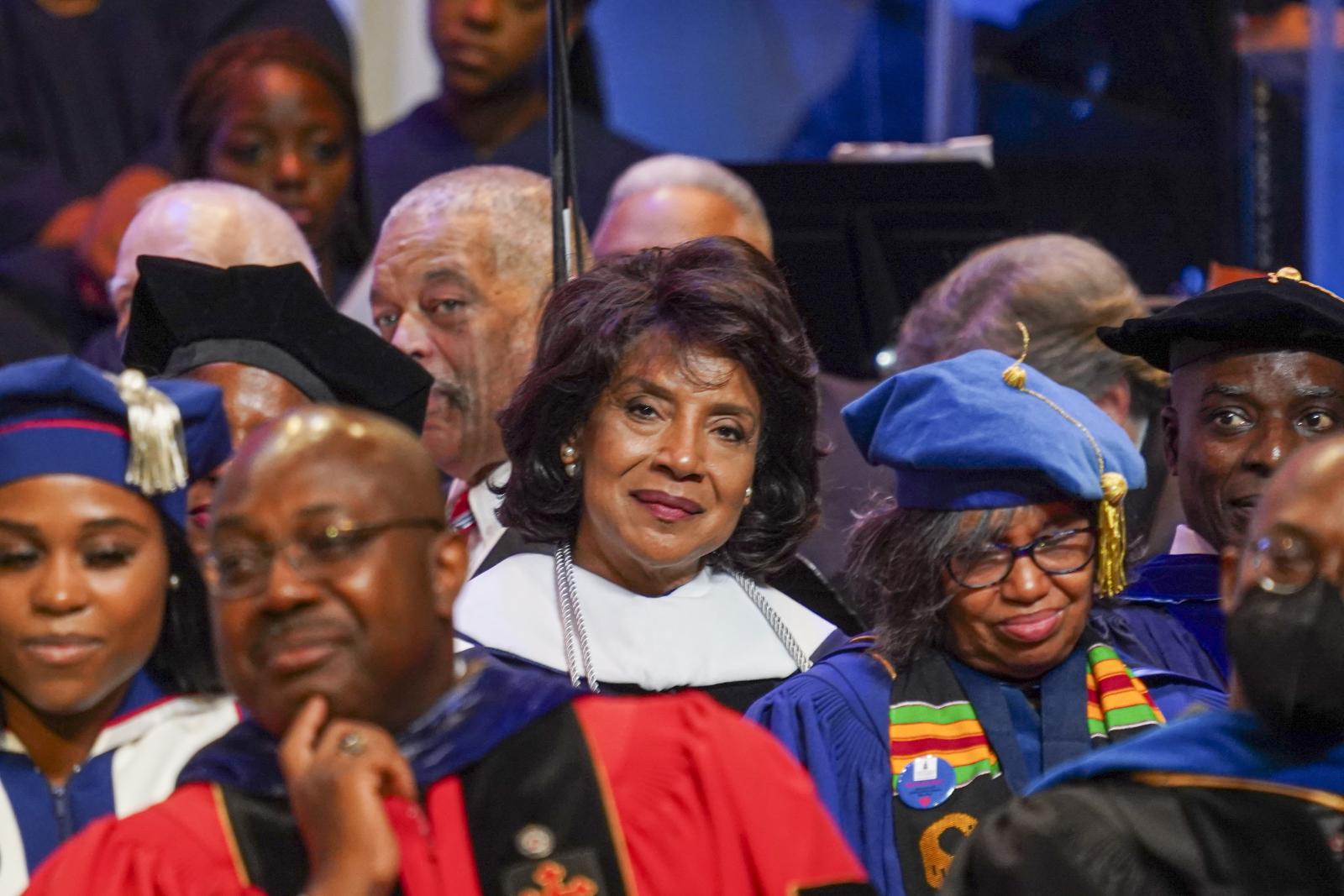 Dean of the Chadwick A. Boseman College of Fine Arts, Phylicia Rashad, listens intently while Congressman James E. Clyburn delivers the 155th Opening Convocation Address. Chris Campbell/Howard University