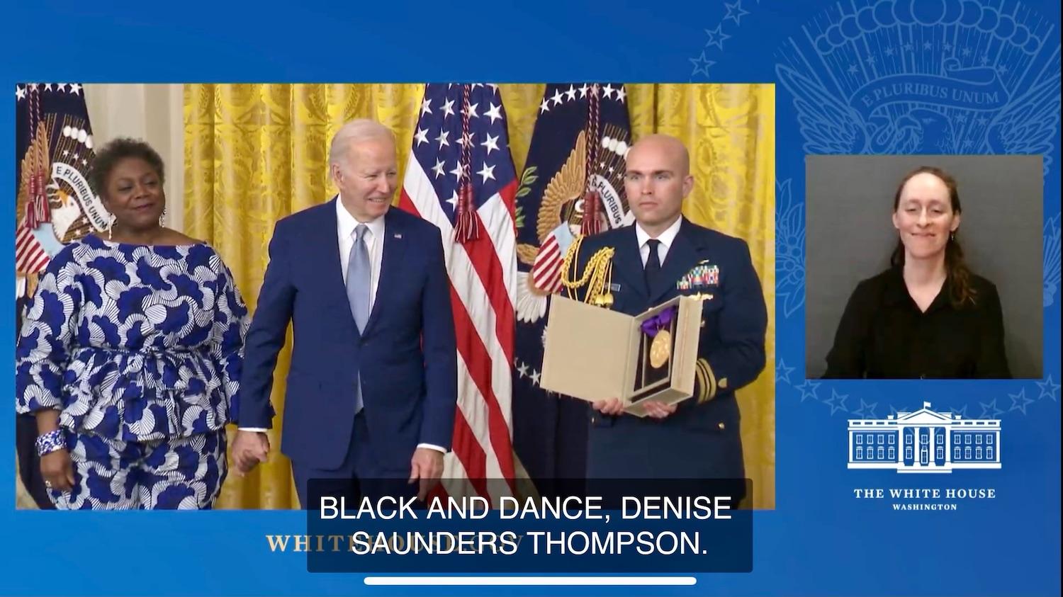 Denise Saunders Thompson and President Joe Biden at the National Medal of Arts Ceremony