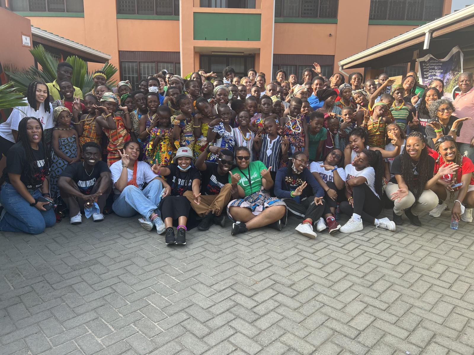 Howard University Alternative Spring Break Ghana student group poses with their Accra students at the Kwame Nkrumah Memorial School and Achimota Senior High School