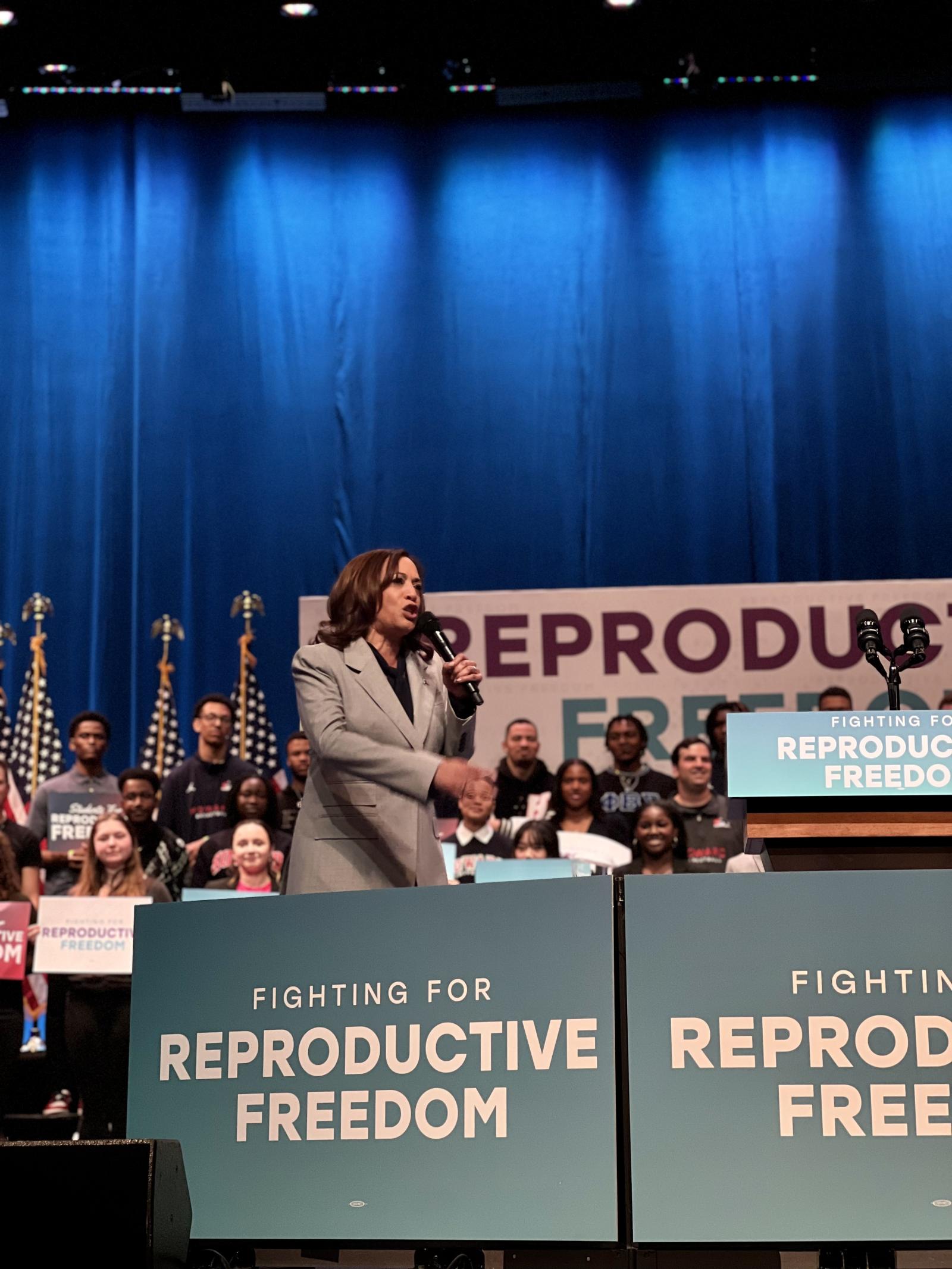 Vice President Kamala Harris addresses the Fight for Reproductive Rights rally in Howard University's Cramton Auditorium Tuesday night