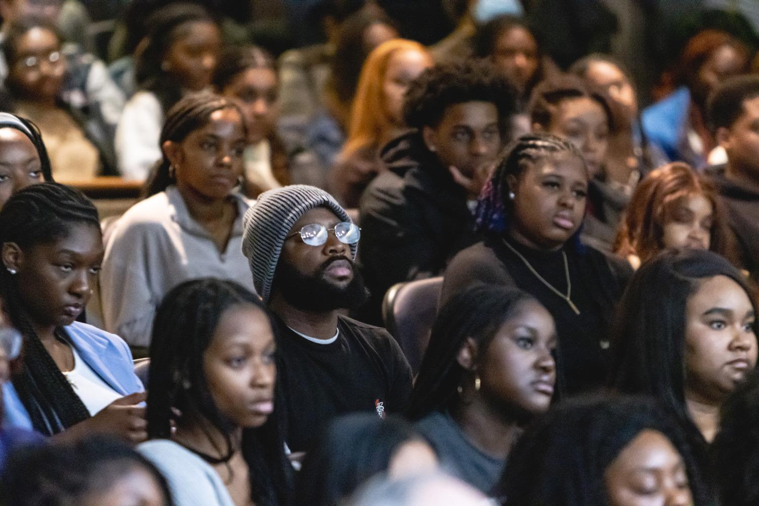 A group of Howard University students look on as Stacey Abrams answers student questions. (Source Latrell Caton)