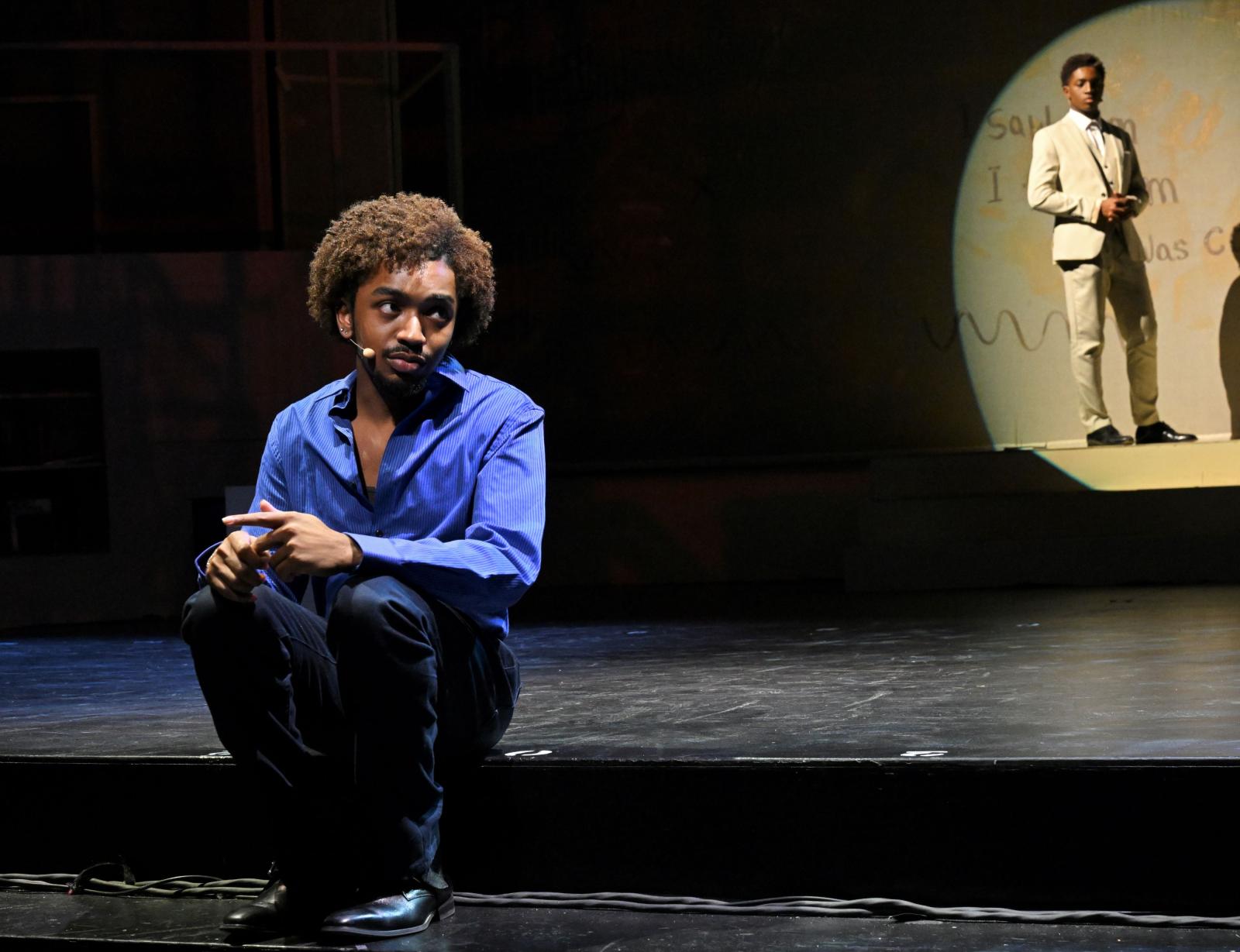 Seer, portrayed by Kenneth Carter, (left) ponders while Kendrick Jackson, the narrator of the musical (left) oversees his younger self in Michael McElroy's and Sean Howlett's “Sonnets & Soul” (Credit: Dr. Benita Gladney)
