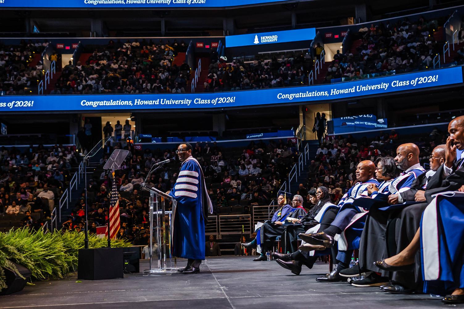  Howard University President Ben Vinson III addresses the Class of 2024 during the 156th Commencement Convocation, his first at the helm of the University. (Photo by: Latrell Caton) 