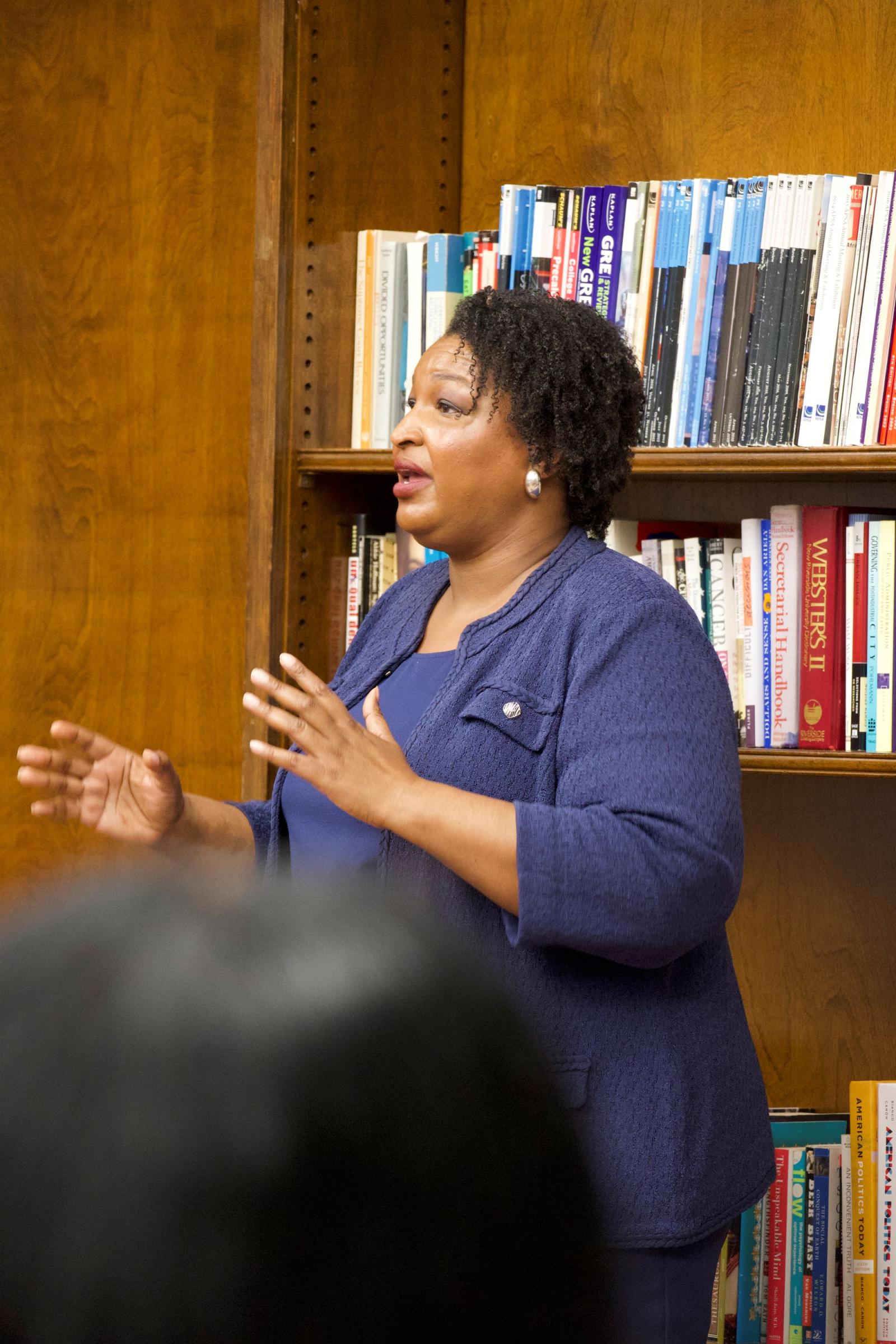 Stacey Abrams speaks to students about Black women's aversion to solidarity following the 2024 presidential election. She also highlighted her own loss in the Georgia gubernational elections, which she was only 53,000 votes shy of victory in 2022. (Photo by: Simone Boyd)