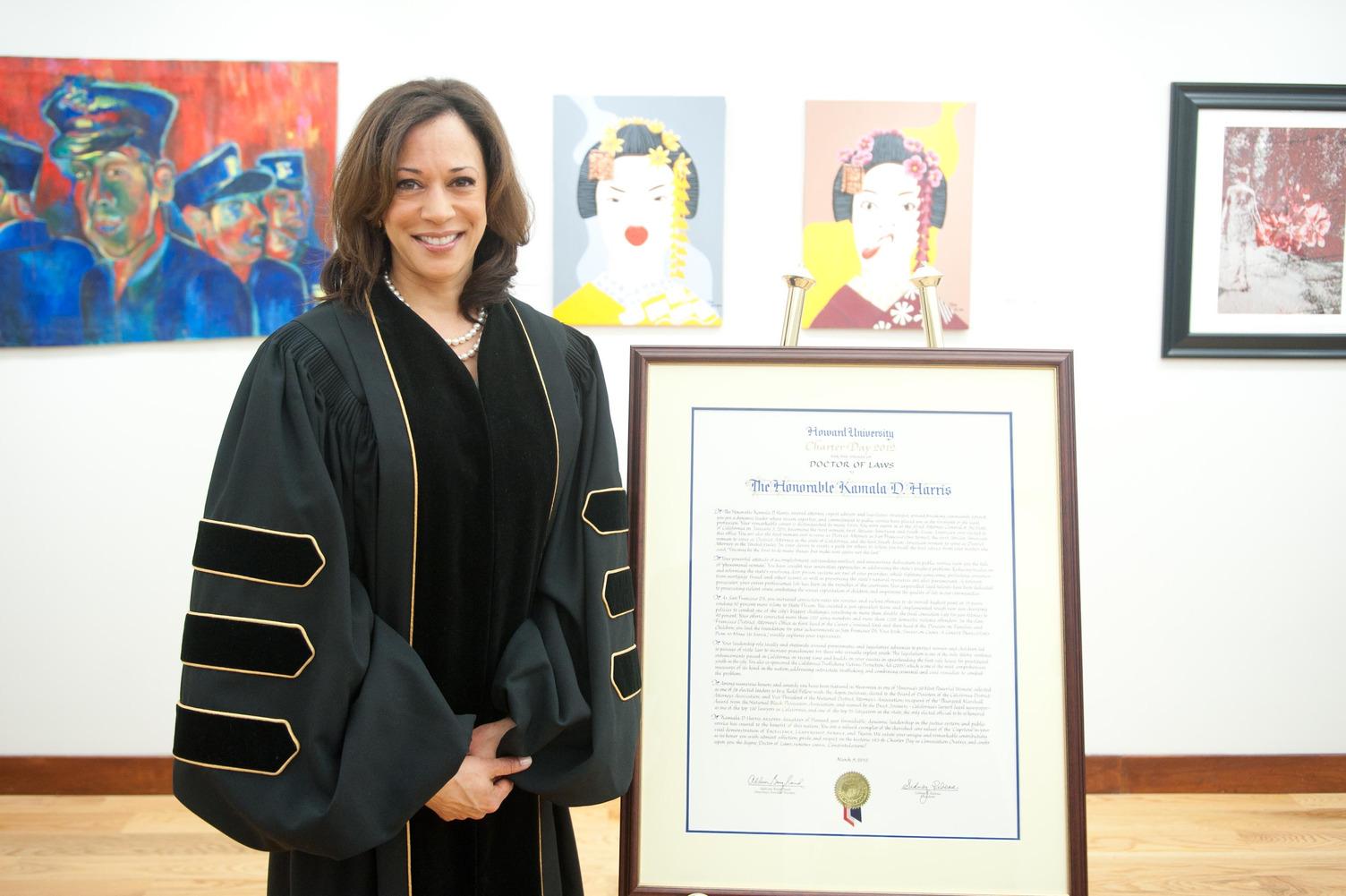 Vice President Kamala D. Harris poses with her honorable degree at Howard University's 149th Commencement ceremony. (Photo: Justin Knight) 