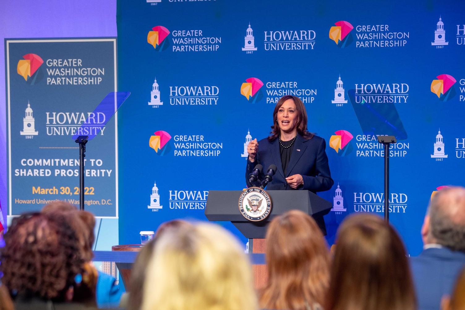 VP Kamala Harris speaks at the Greater Washington Partnership Event where the five-year, multibillion-dollar pledge is unveiled.