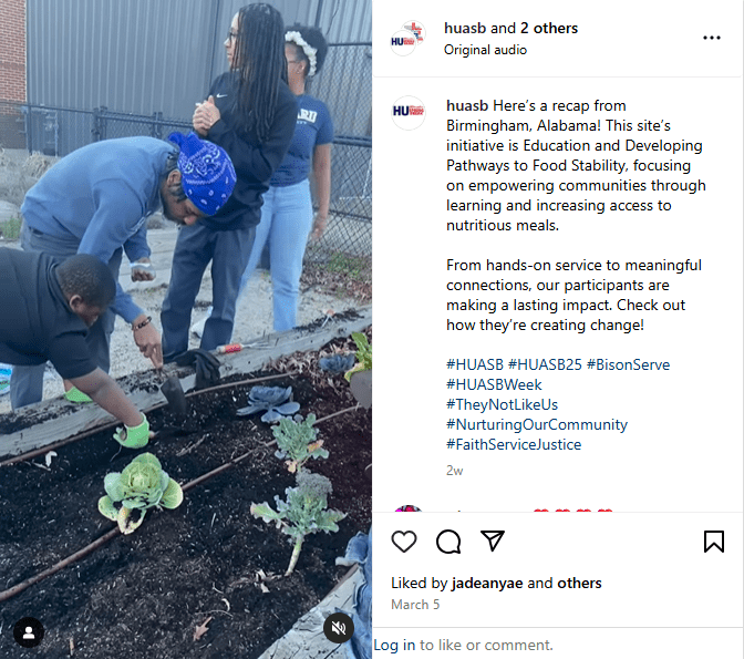 HUASB Instagram post about volunteering in Birmingham