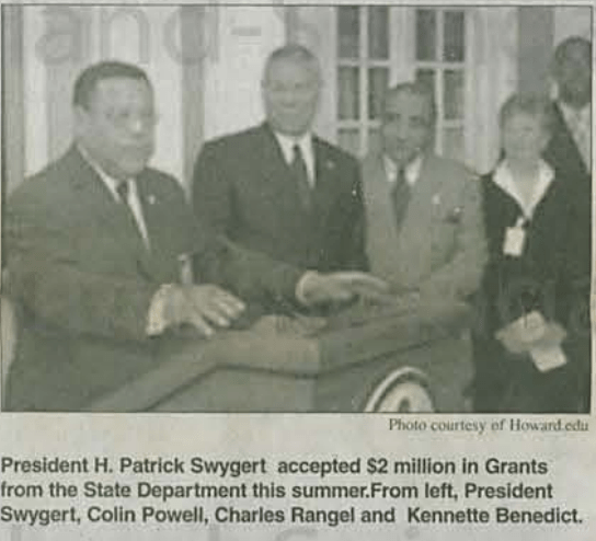 Former Howard University President H. Patrick Swygert joins Colin Powell and Charlie Rangel to accept grant to establish Rangel Center.