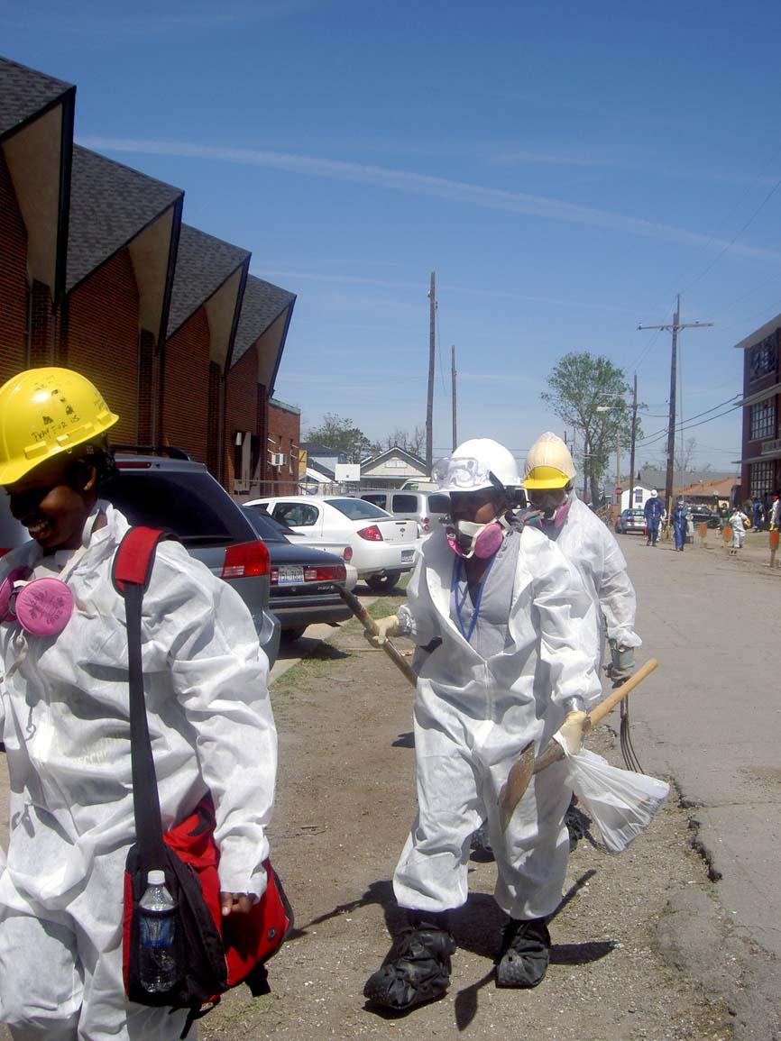 Happy warriors: Howard students suited up for dangerous demolition work after Hurricane Katrina.