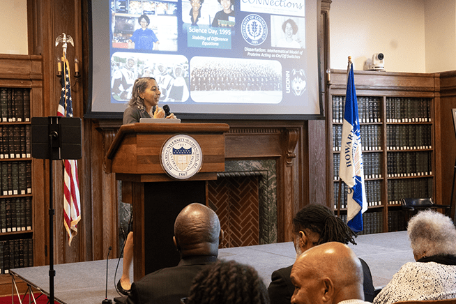 Dr. Washington giving speech in Founders Library