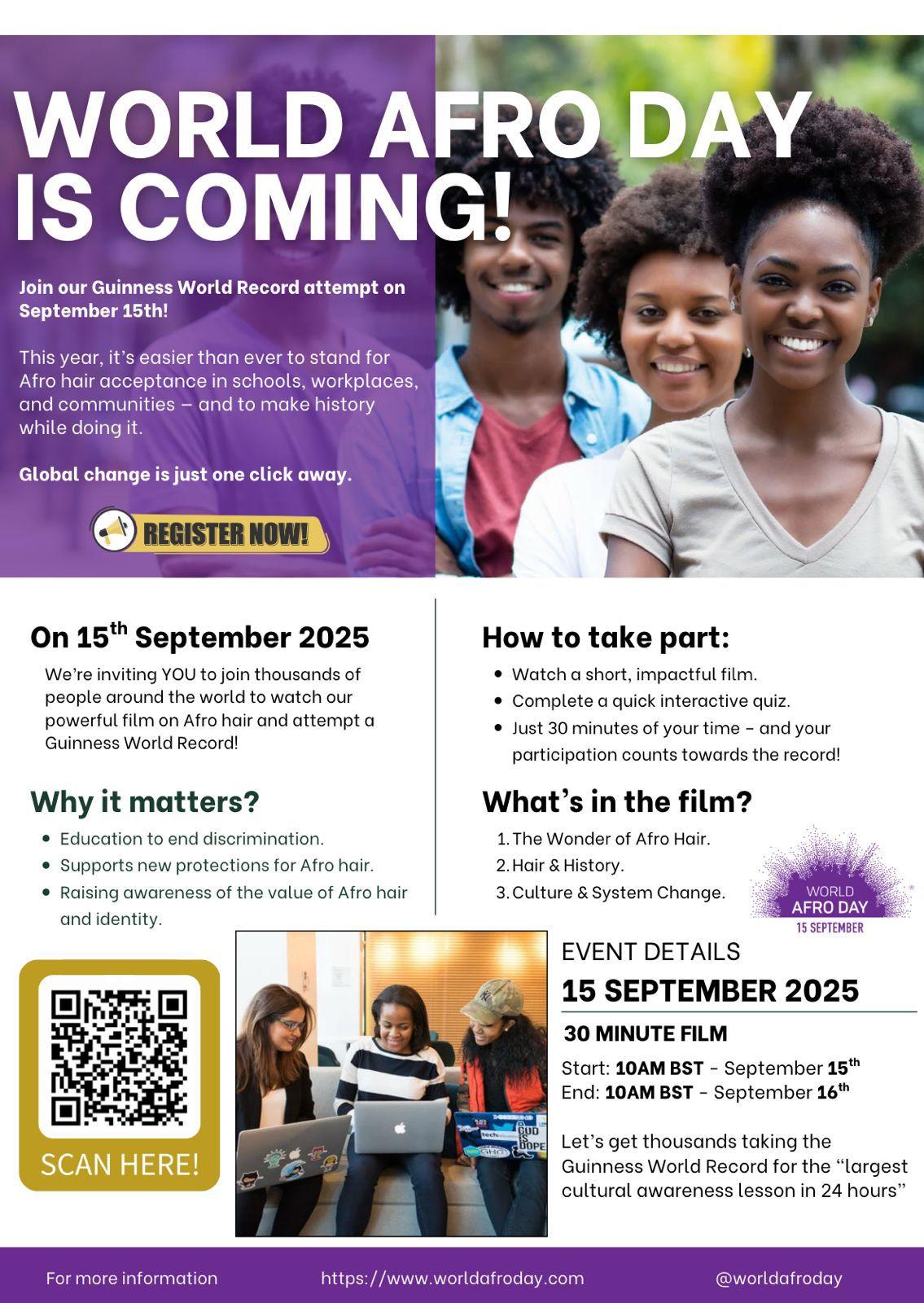 A poster for World Afro Day 2025. The poster has text talking about World Afro Day, as well as a QR Code