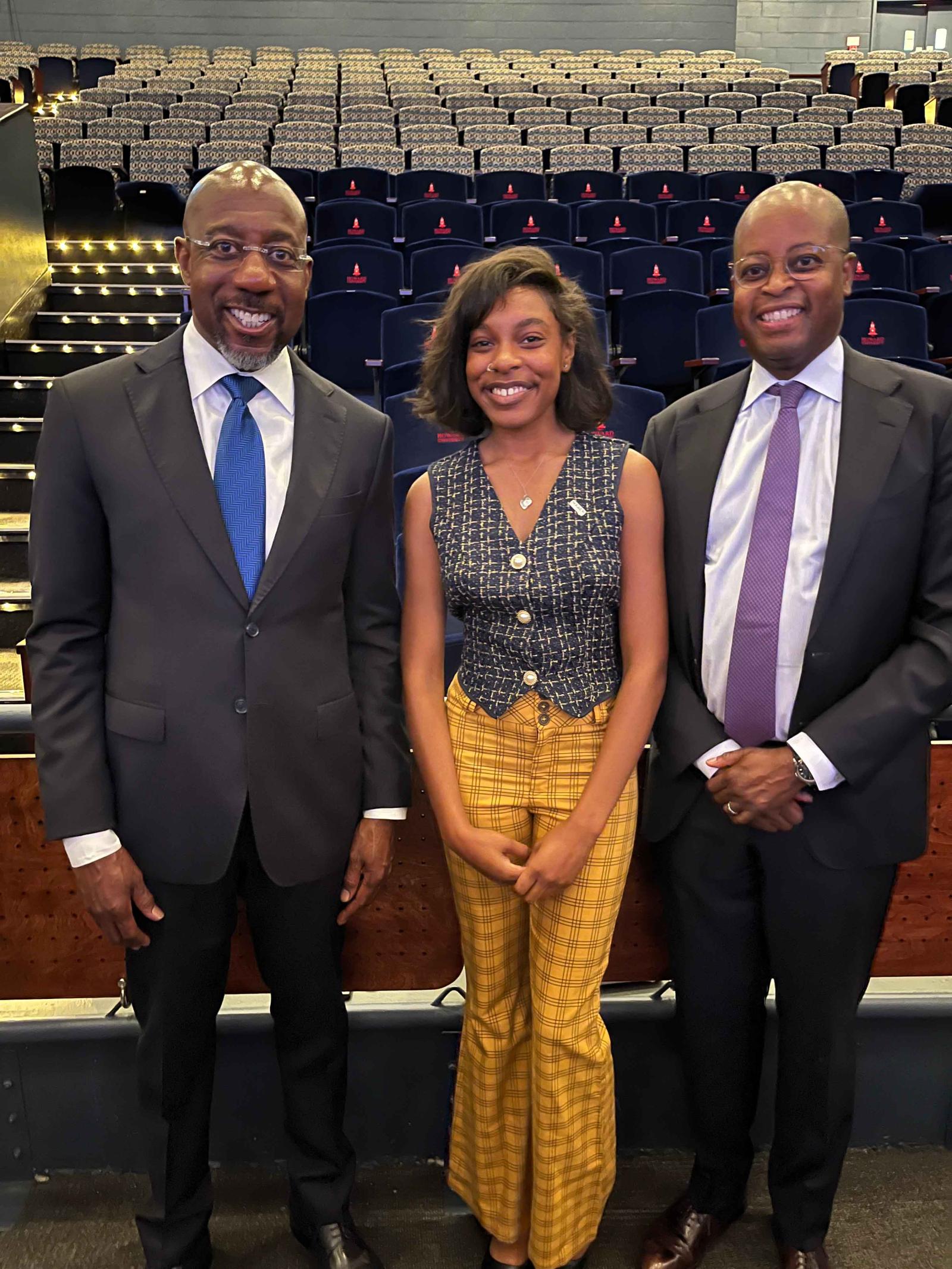 Rev. Raphael Warnock, U.S. Senator and pastor of Ebeneezer Baptist Church; Ph.D; Naesoj Ware, Howard University Student Association Executive President; and Wayne A. I. Frederick, M.D., MBA, Howard University interim president, president emeritus, and Charles R. Drew Professor of Surgery