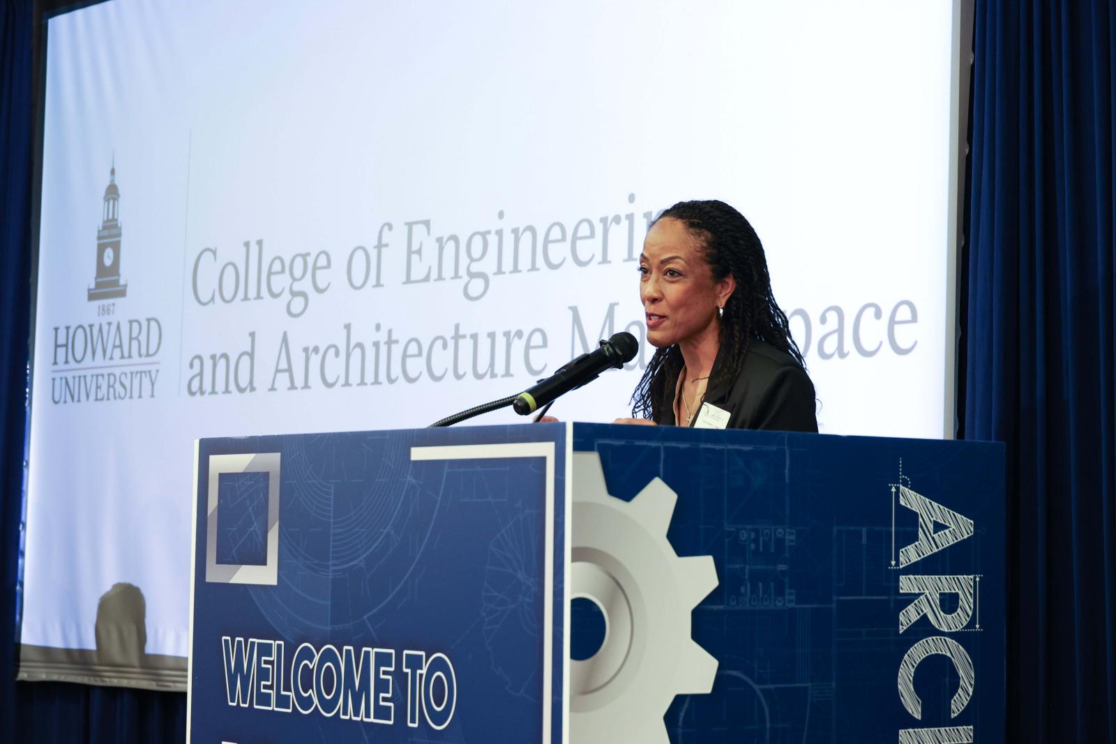 Dean Kimberly Jones speaks at the launch of the College of Engineering and Architecture Makerspace.