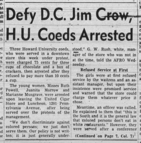 Newspaper clipping of Howard Student protest in 1943