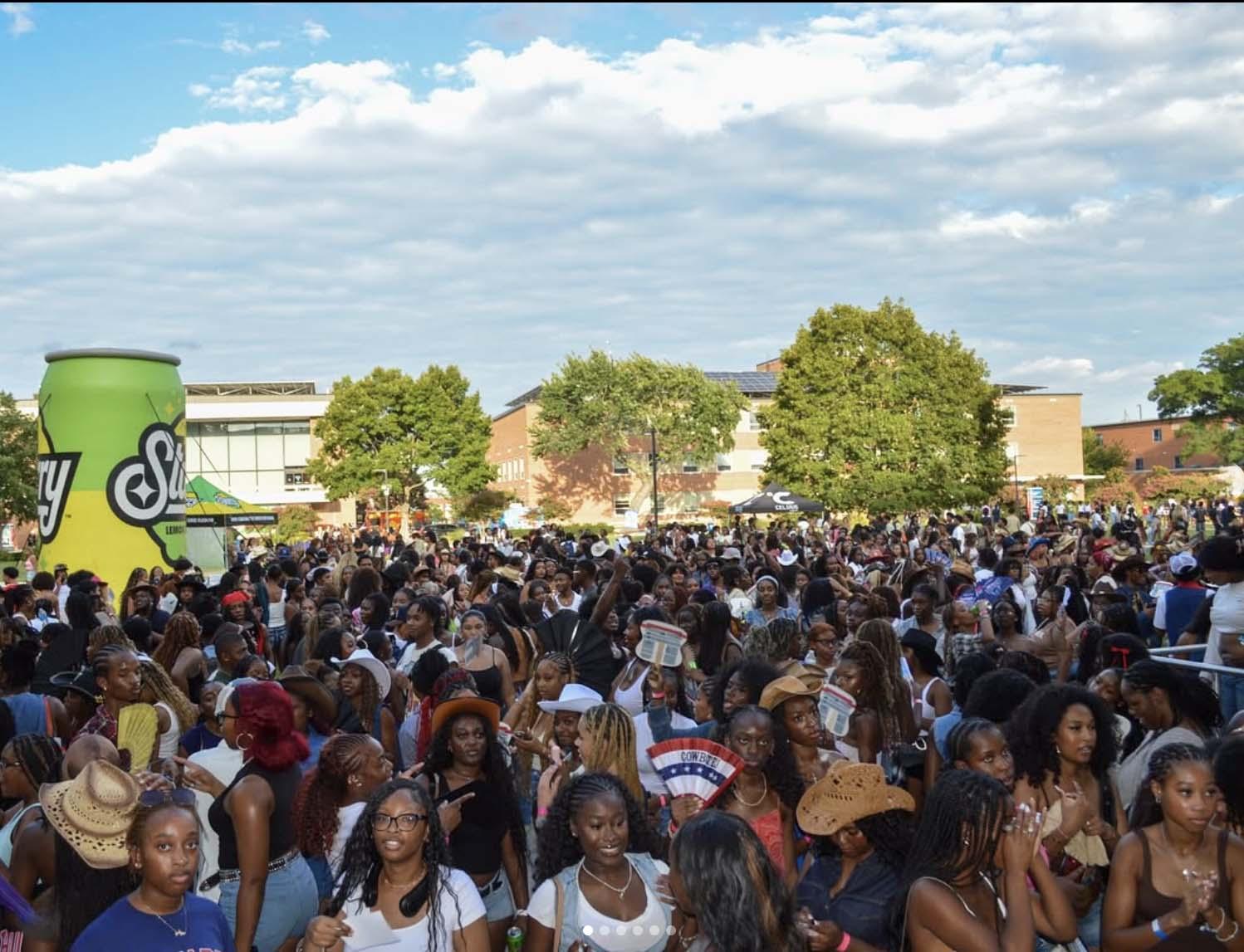 Several hundred howard university students outside on the university's campaus for the Bison Trail Ride 2025 event