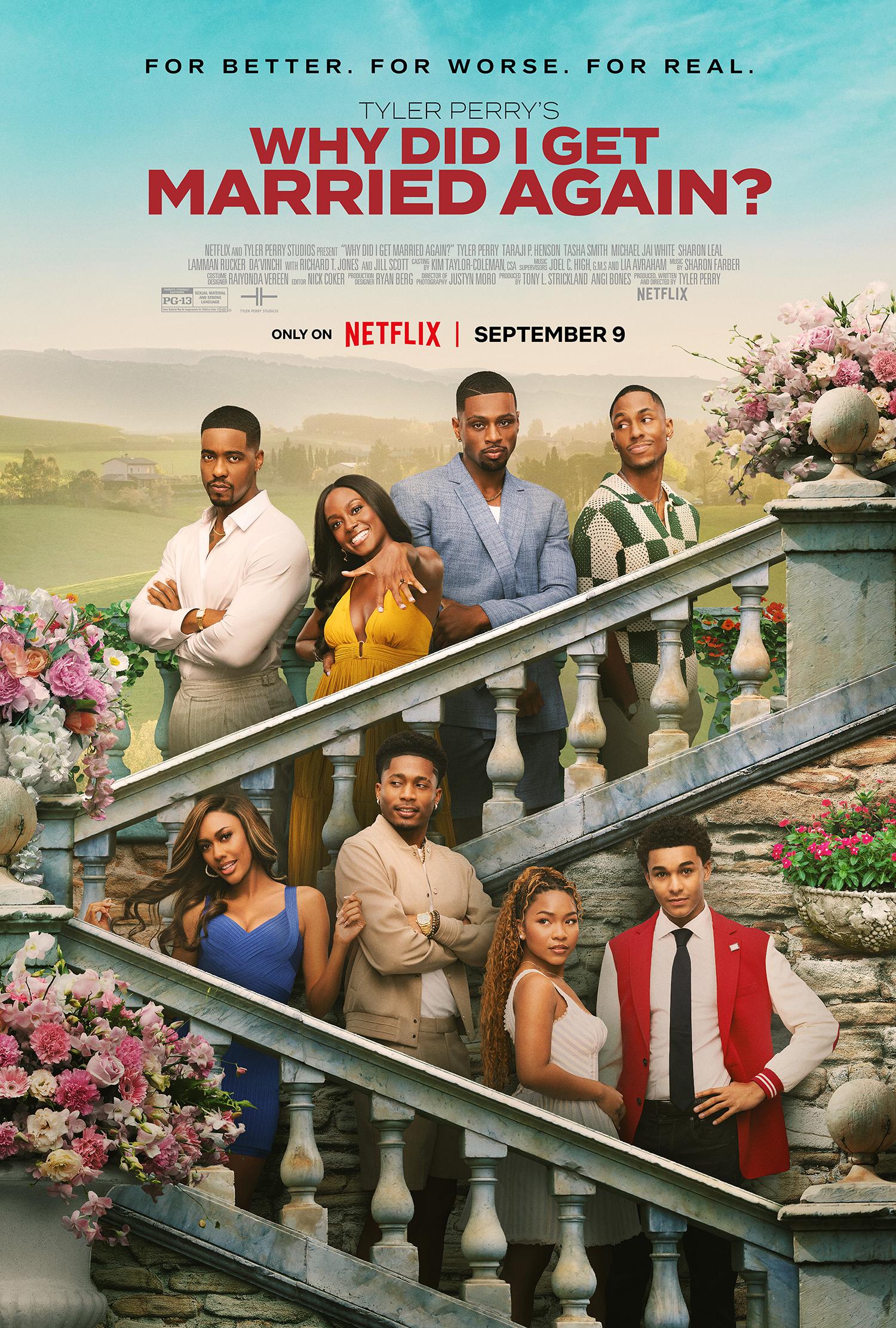 Poster for the movie "Why Did I Get Married Again" with the actors standing on a staircase