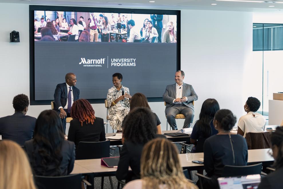 Dr. Wayne A. I. Frederick, Marisa Martin and Anthony Capuano at Marriott International on a panel for Howard day at Marriott