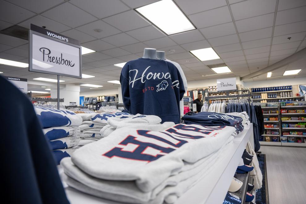 Merchandise at the Bison Exchange Campus Store including Howard sweatshirts