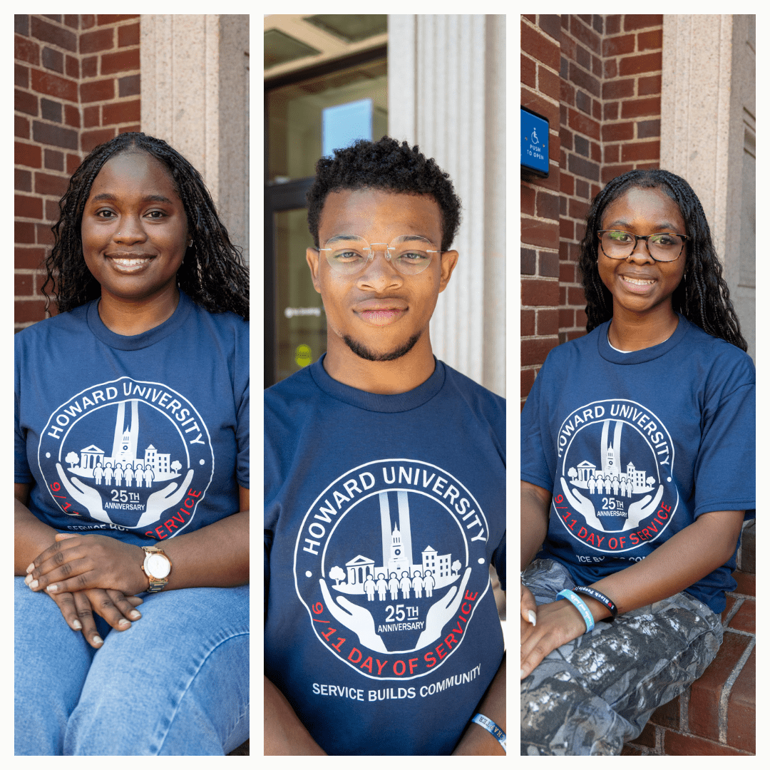 Student Veterans of America students Marcedi Phillips, Joshua Gaither, Gabrielle Cunningham wearing blue SVA shirts