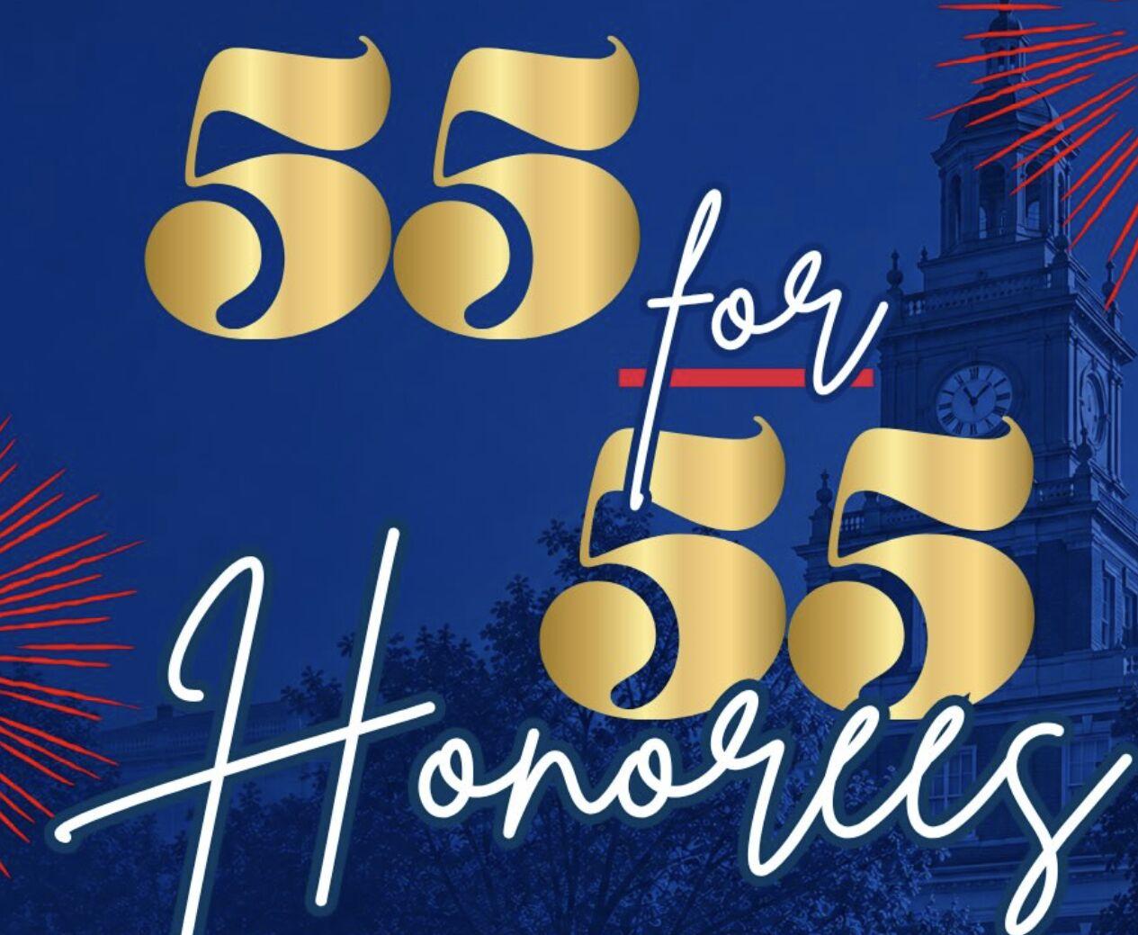 Blue and gold 55 for 55 graphic