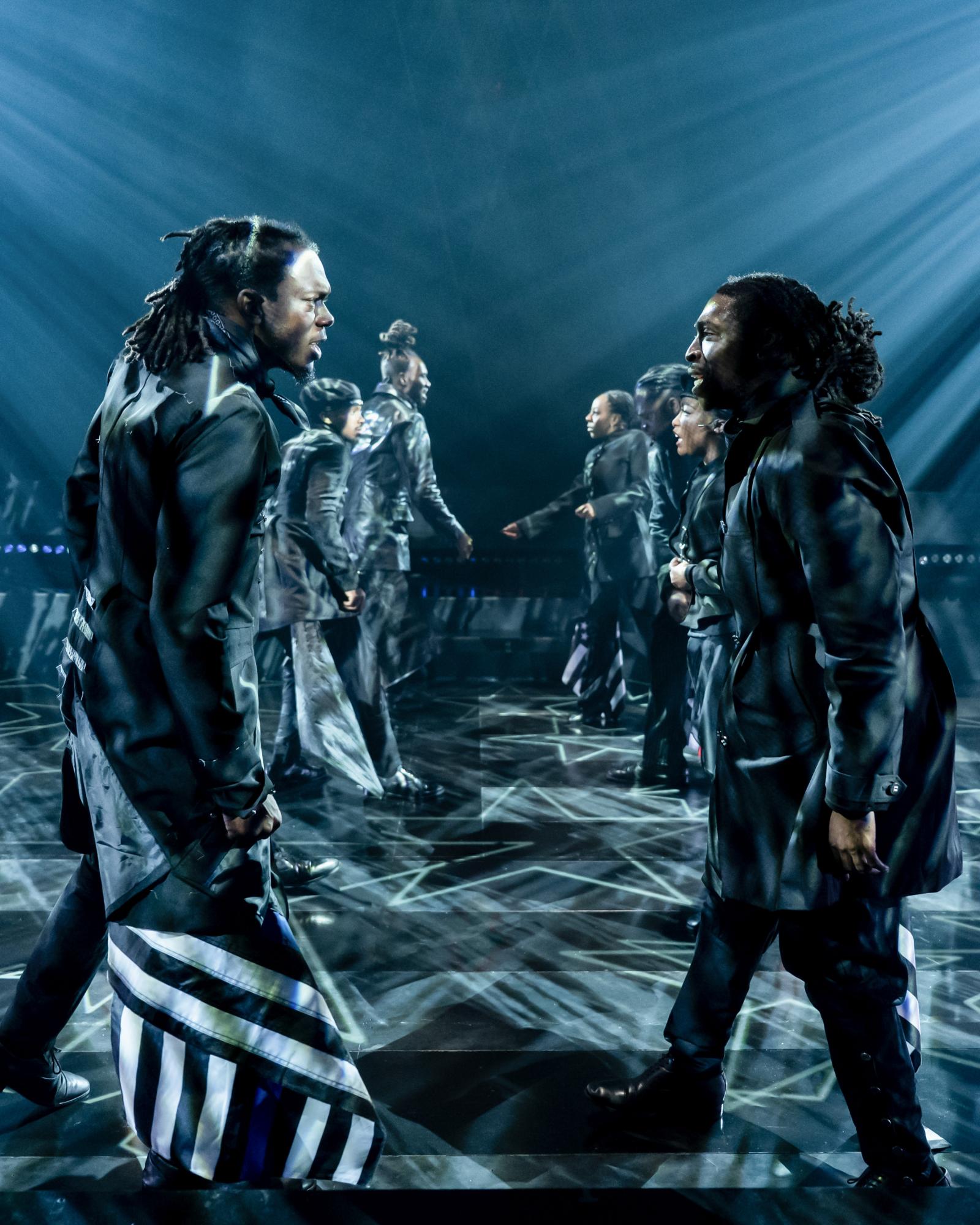 Dancers from Step Afrika!'s "The Fruits of Our Labor" engage on stage at Arena Stage