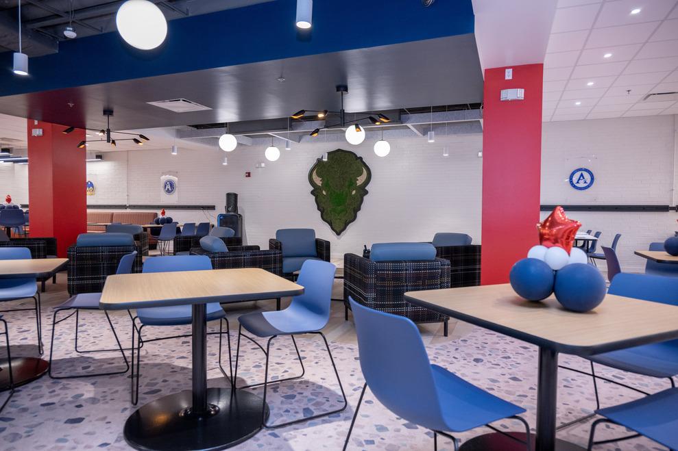 Tables and chairs and balloons at the new PunchOut at Blackburn University Center