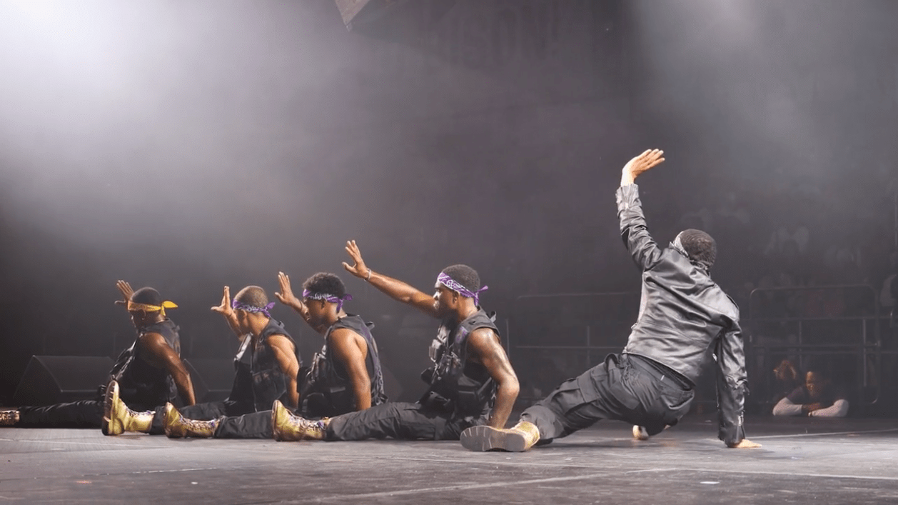 Steppers doing a routine on the floor at the Howard University Greek Step Show in 2025